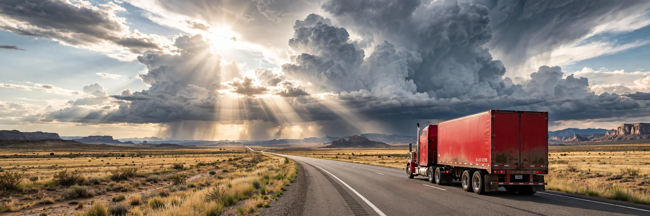 Semi-truck on an open highway under dramatic clouds