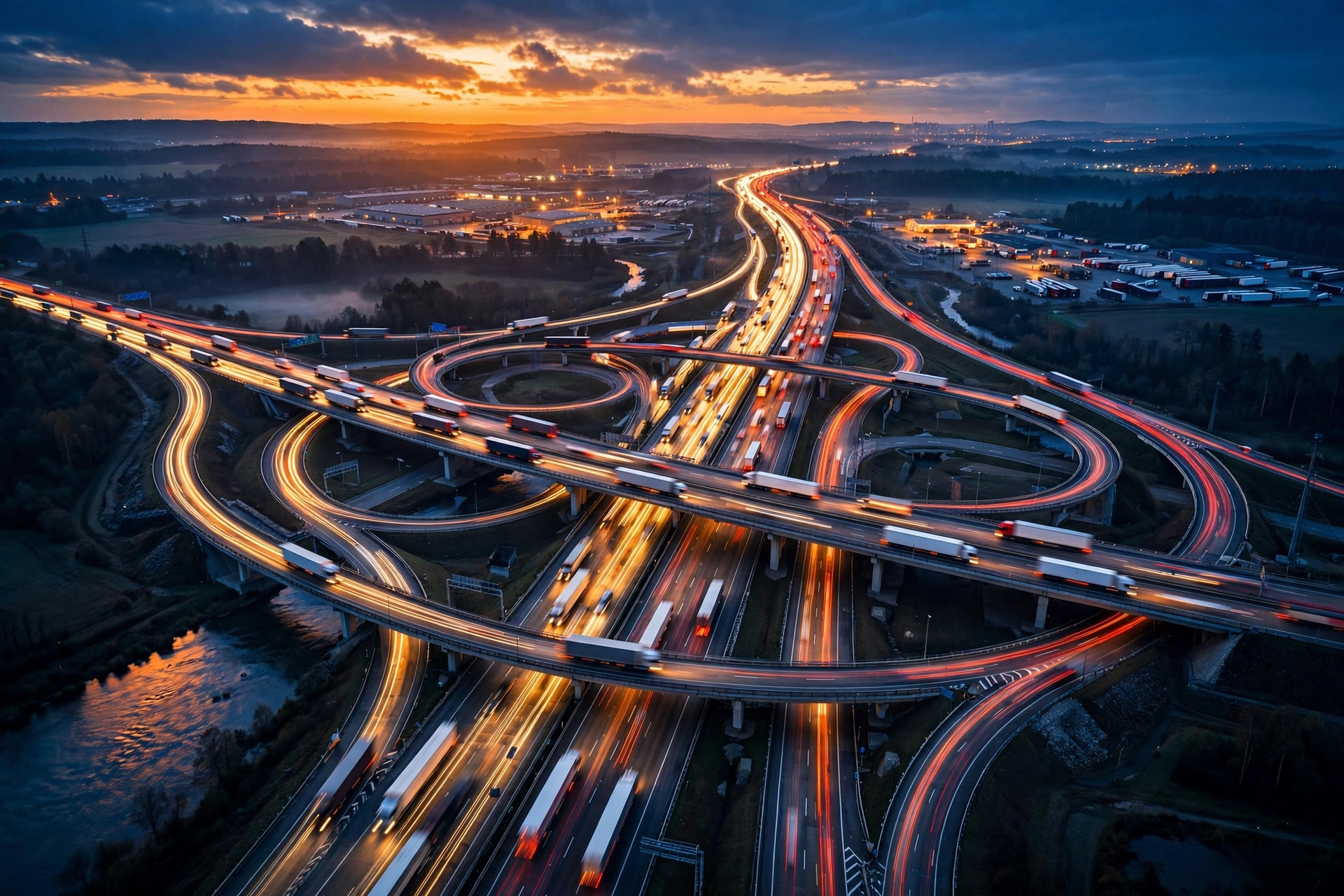 Highway interchange at dusk
