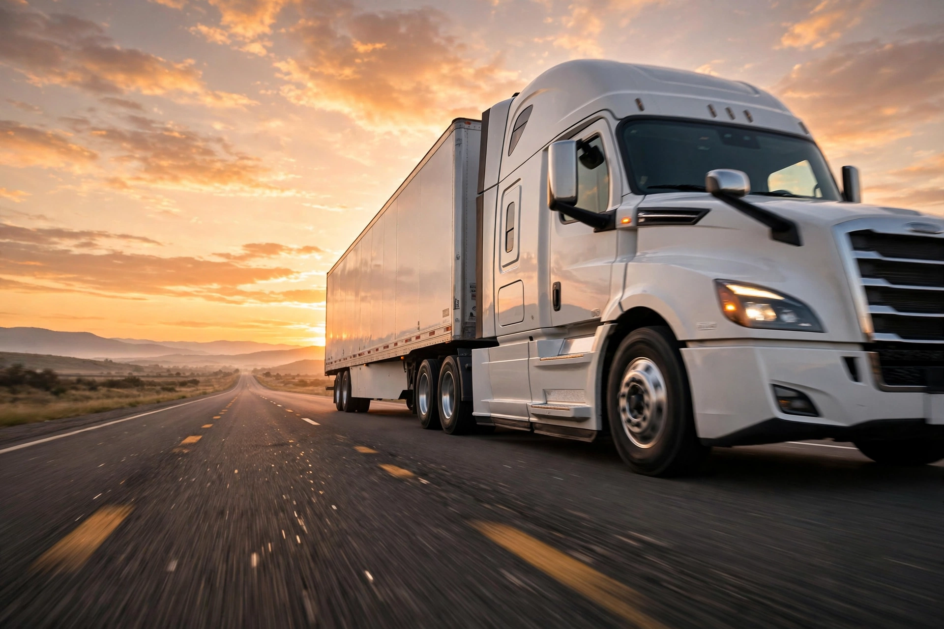 Semi-truck on the road at sunrise