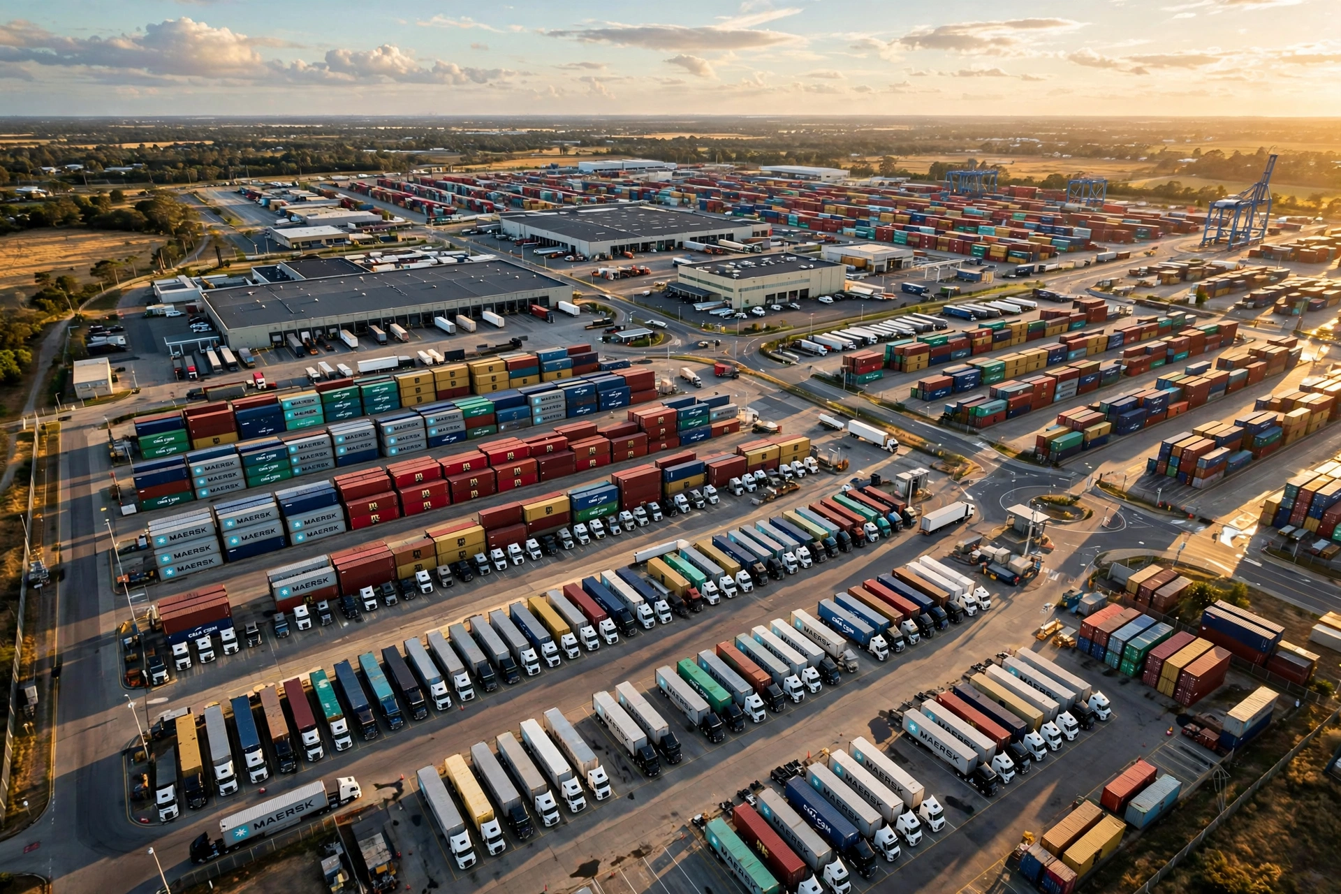Truck terminal and container yard at golden hour
